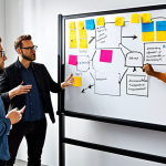 **Diverse Innovation Team:** A diverse group of professionals (engineers, designers, marketers, sociologists) collaborating in a modern office setting, brainstorming ideas on a whiteboard covered with sticky notes and diagrams. Emphasize collaboration and inclusivity.