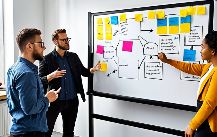 **Diverse Innovation Team:** A diverse group of professionals (engineers, designers, marketers, sociologists) collaborating in a modern office setting, brainstorming ideas on a whiteboard covered with sticky notes and diagrams. Emphasize collaboration and inclusivity.